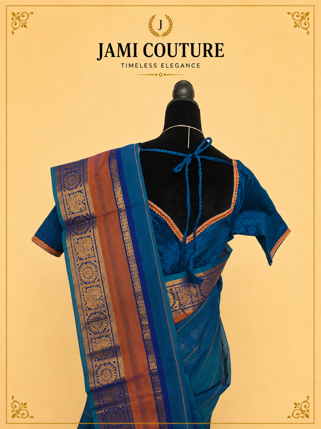 Teal Blue Silk Cotton Saree with Navy Sunburst Peacock Border | Ready-Stitched Blouse