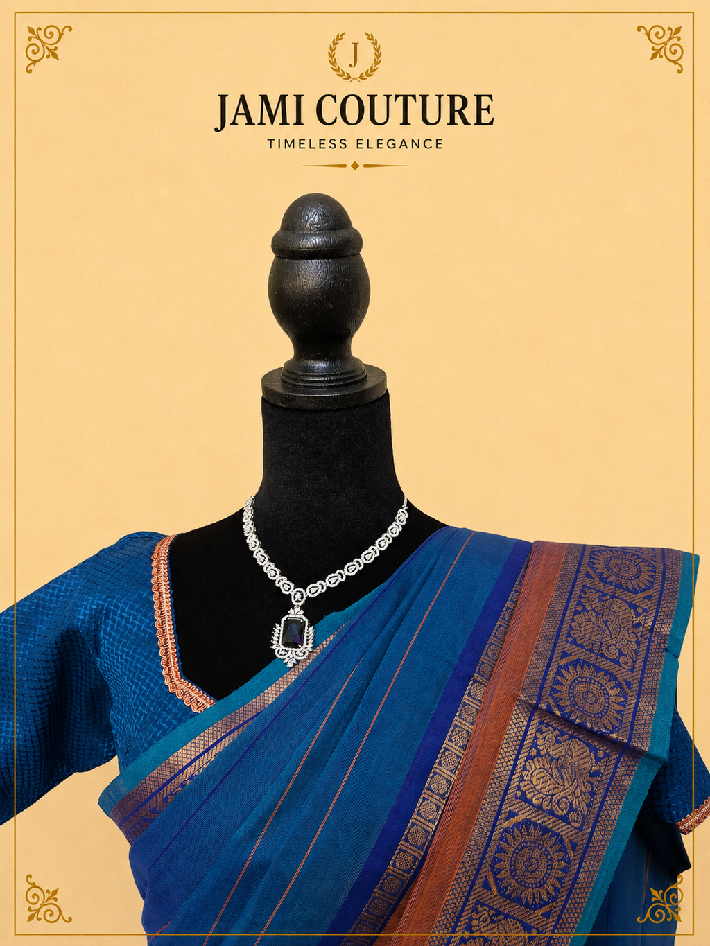Teal Blue Silk Cotton Saree with Navy Sunburst Peacock Border | Ready-Stitched Blouse