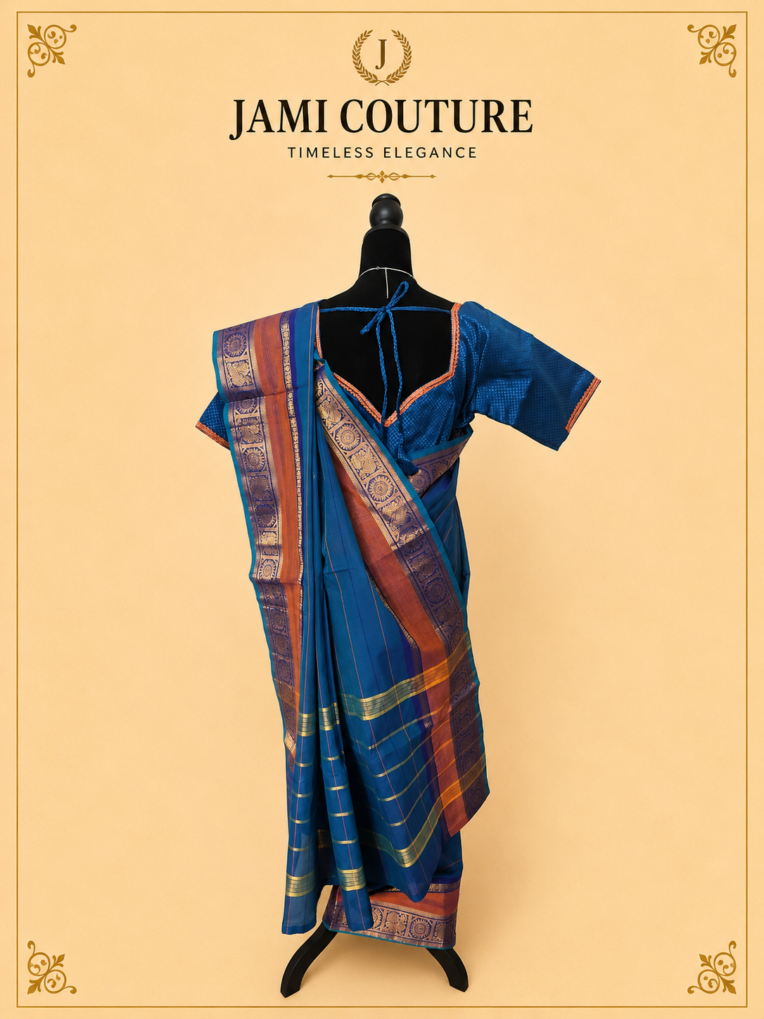 Teal Blue Silk Cotton Saree with Navy Sunburst Peacock Border | Ready-Stitched Blouse