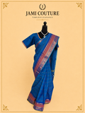 Teal Blue Silk Cotton Saree with Navy Sunburst Peacock Border | Ready-Stitched Blouse