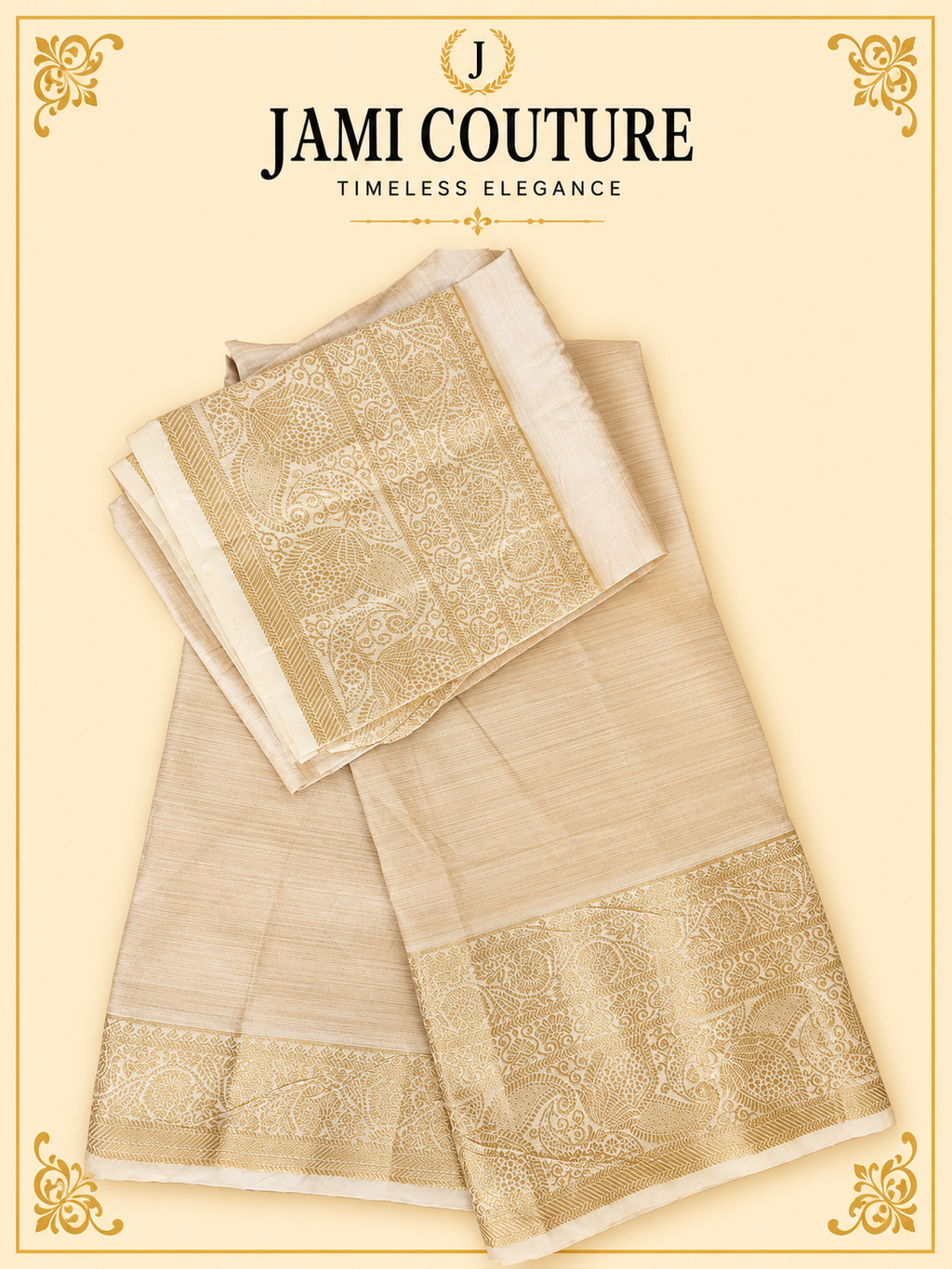Beige & Gold Kasavu Silk Blend Saree with Wide Zari Border & Tasseled Pallu | Traditional South Indian Saree