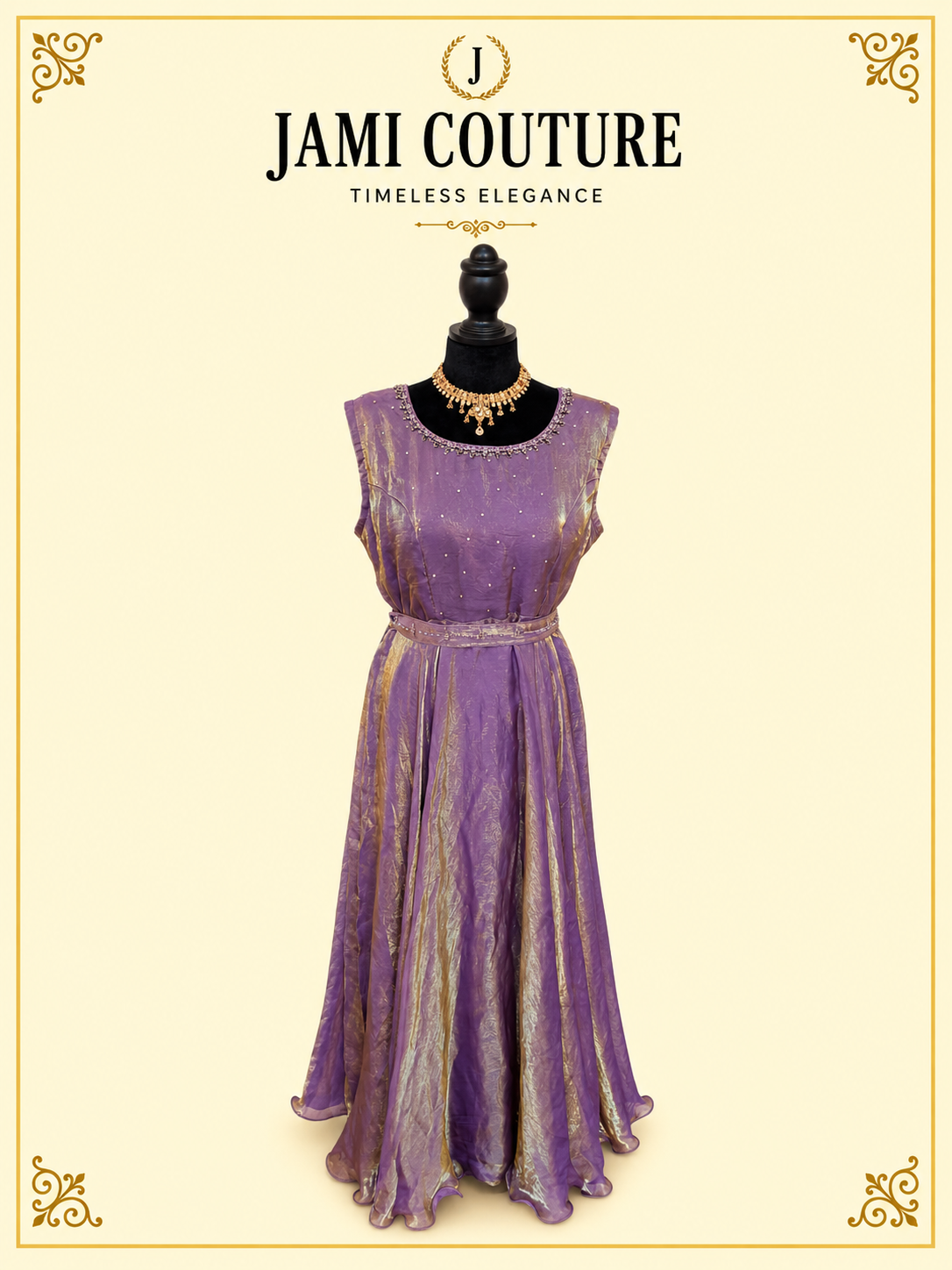 Lavender & Gold Tissue Silk Sleeveless Anarkali Gown with Beaded Neckline & Belt | Ready-to-Wear Indian Ethnic Party Wear