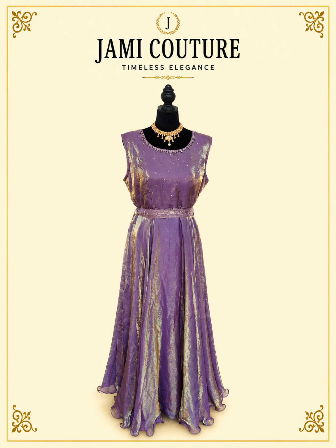 Lavender & Gold Tissue Silk Sleeveless Anarkali Gown with Beaded Neckline & Belt | Ready-to-Wear Indian Ethnic Party Wear