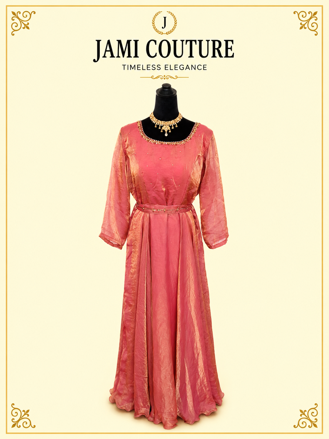 Rose Pink & Gold Tissue Silk Anarkali Gown with Beaded Neckline & Belt | Ready-to-Wear Indian Ethnic Party Wear