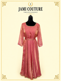 Rose Pink & Gold Tissue Silk Anarkali Gown with Beaded Neckline & Belt | Ready-to-Wear Indian Ethnic Party Wear
