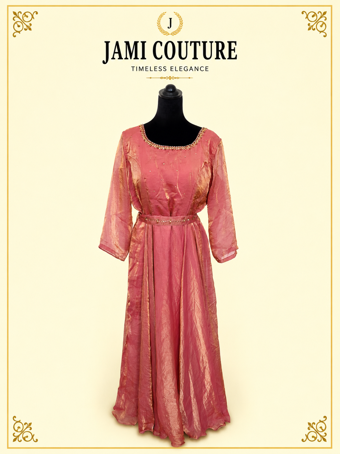 Rose Pink & Gold Tissue Silk Anarkali Gown with Beaded Neckline & Belt | Ready-to-Wear Indian Ethnic Party Wear