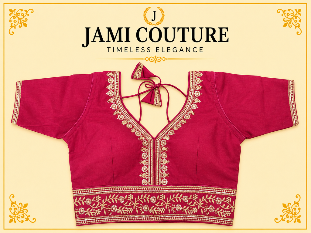 Pink version of the pure Roman silk readymade blouse with gold embroidery