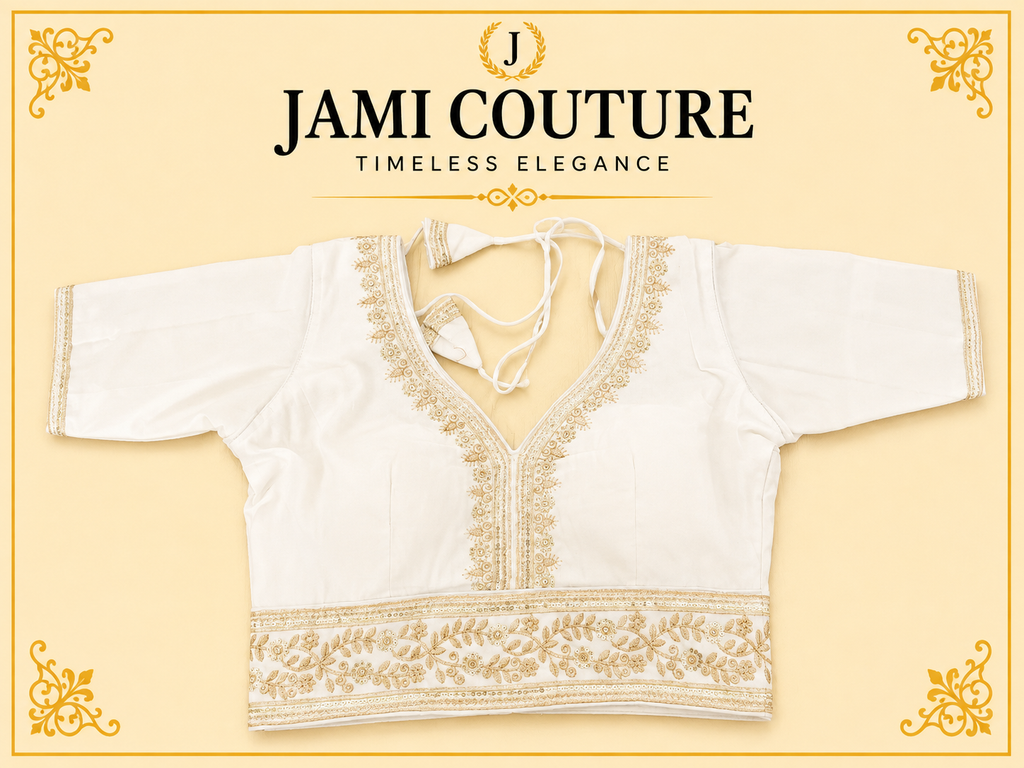 Cream version of the pure Roman silk readymade blouse with silver embroidery
