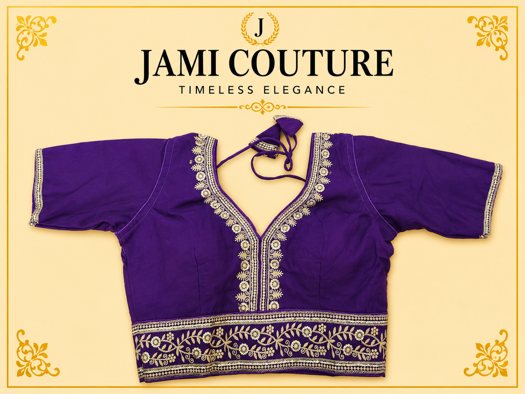 Purple version of the pure Roman silk readymade blouse with gold embroidery