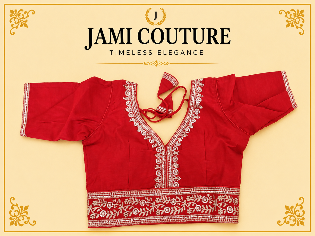 Red Pure Roman Silk Readymade Blouse with Golden Embroidery | Ready-to-Wear Saree Blouse