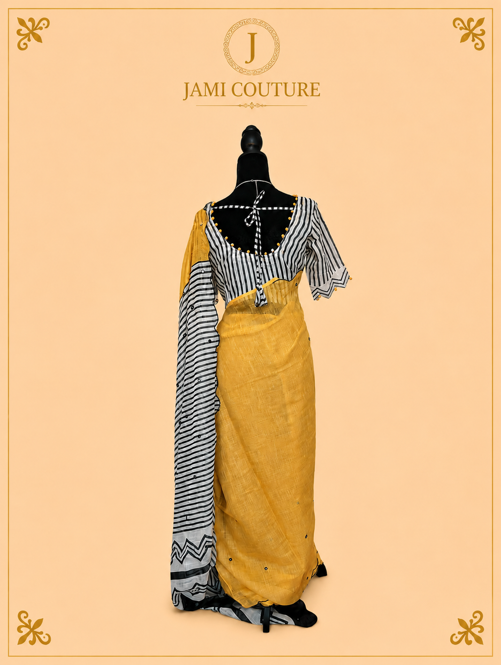 Mustard Yellow Mul Cotton Saree with Black & White Striped Chevron Border | Black Striped Ready-Stitched Blouse