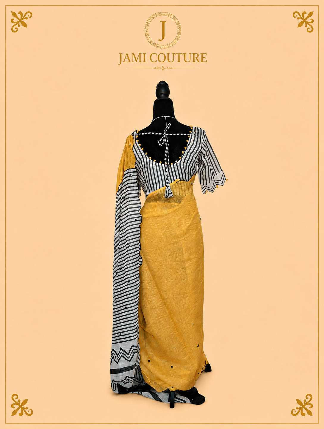 Mustard Yellow Mul Cotton Saree with Black & White Striped Chevron Border | Black Striped Ready-Stitched Blouse