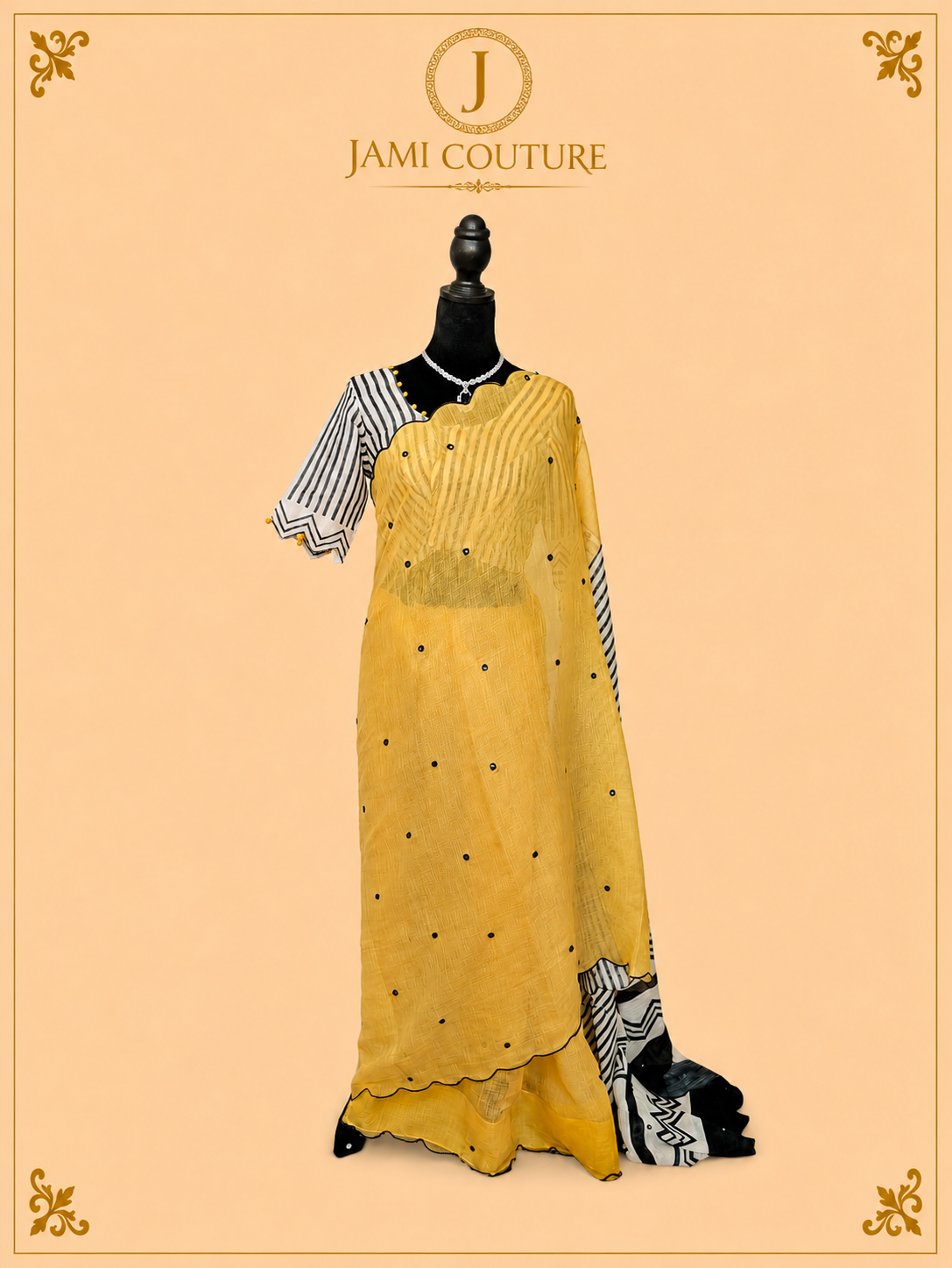 Mustard Yellow Mul Cotton Saree with Black & White Striped Chevron Border | Black Striped Ready-Stitched Blouse