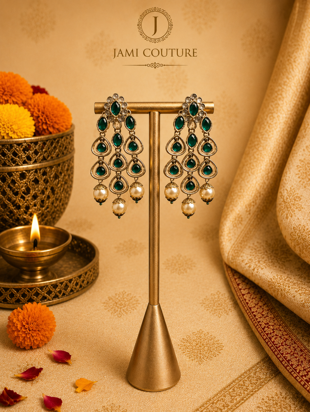Antique Chandbali Drop Earrings with Kundan & Pearl Tassels