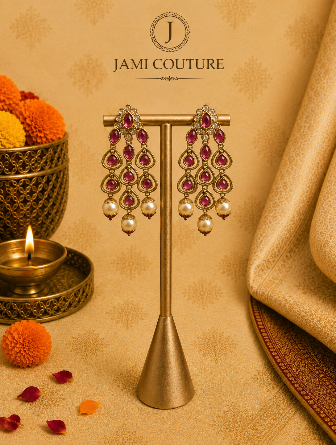 Antique Chandbali Drop Earrings with Kundan & Pearl Tassels