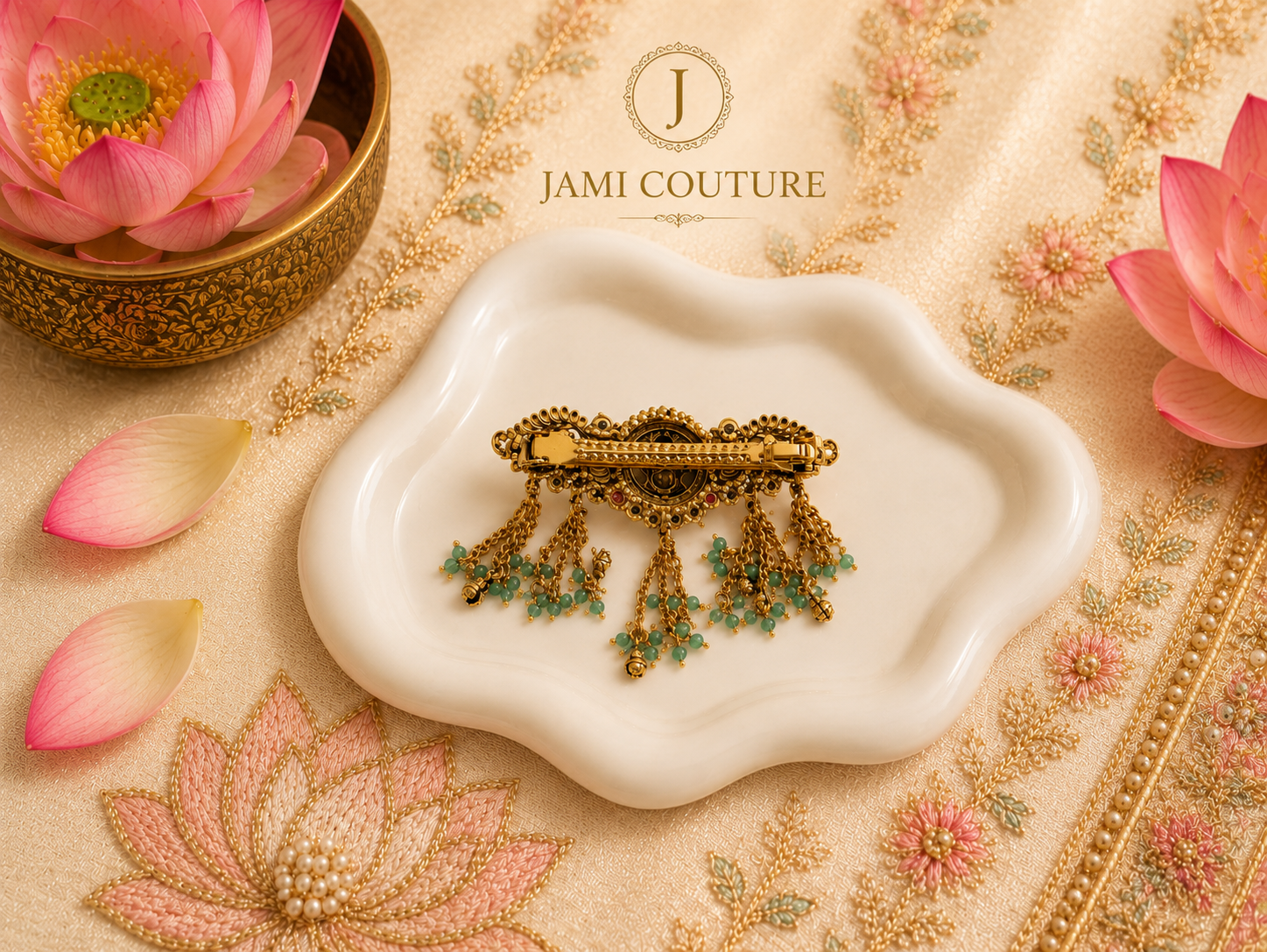 Antique Temple Ganesha Hair Clip with Peacock Motif & Green Bead Tassels | Gold Plating