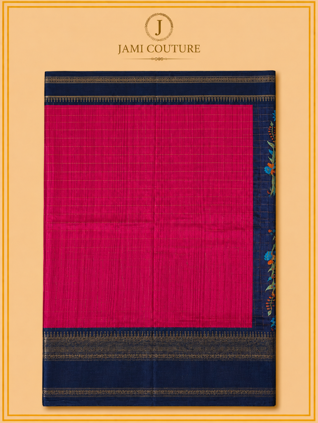 Pink & Navy Handloom Saree with Kalamkari Print Pallu | Navy Floral Blouse