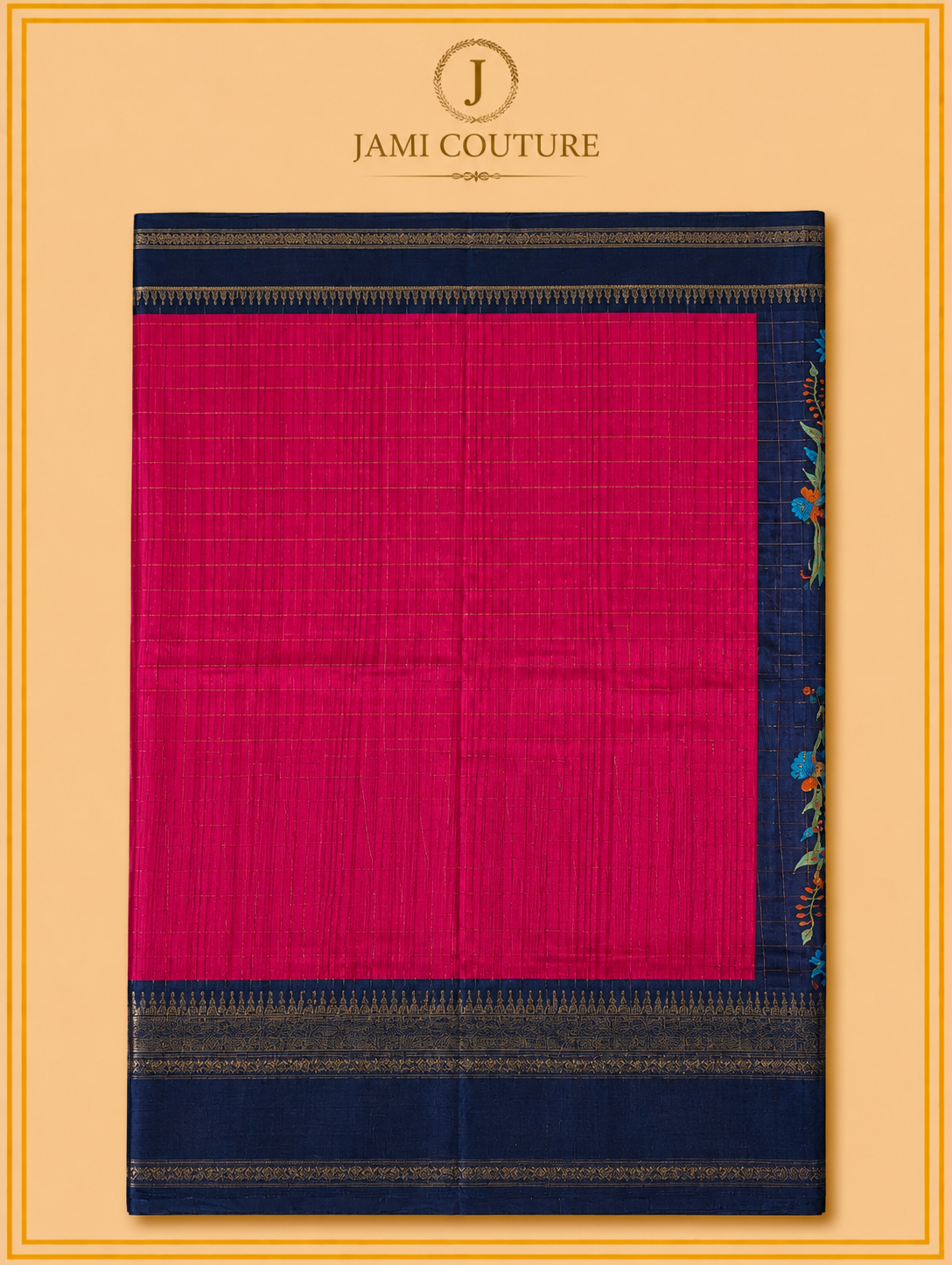 Pink & Navy Handloom Saree with Kalamkari Print Pallu | Navy Floral Blouse
