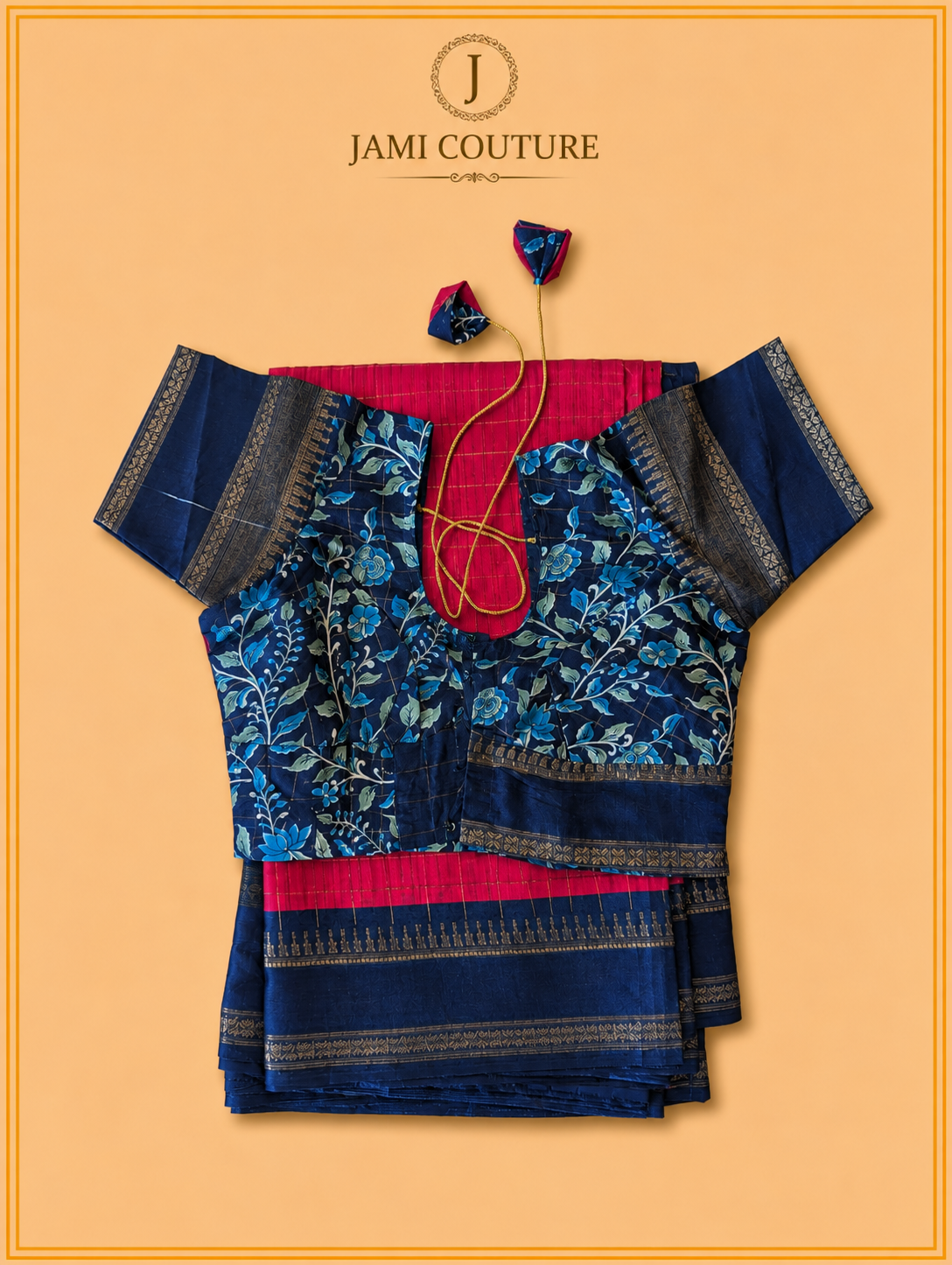 Pink & Navy Handloom Saree with Kalamkari Print Pallu | Navy Floral Blouse