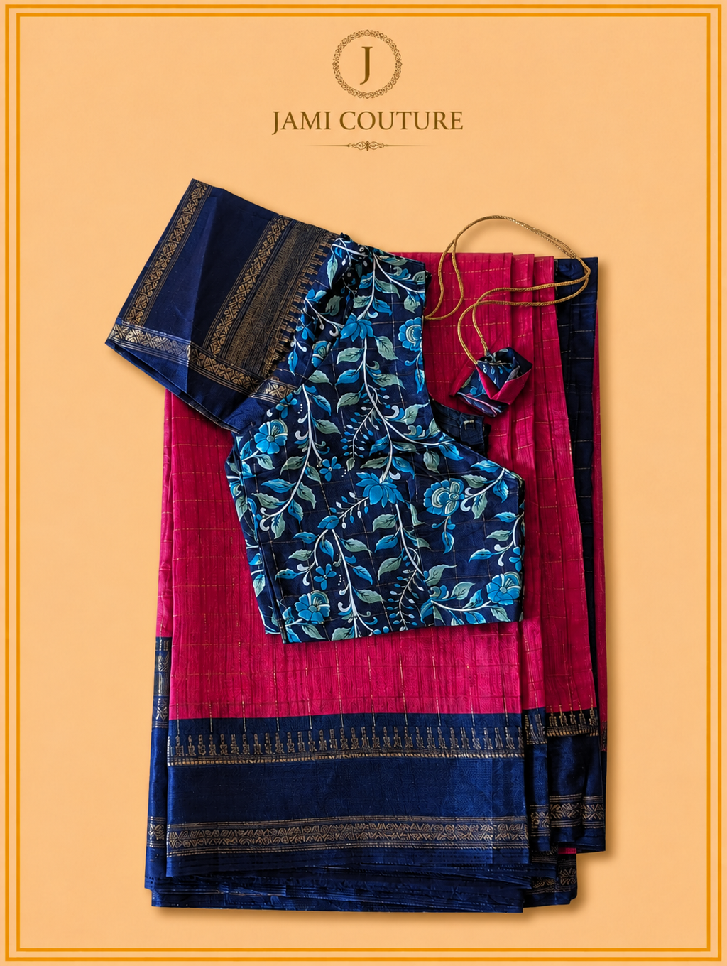 Pink & Navy Handloom Saree with Kalamkari Print Pallu | Navy Floral Blouse