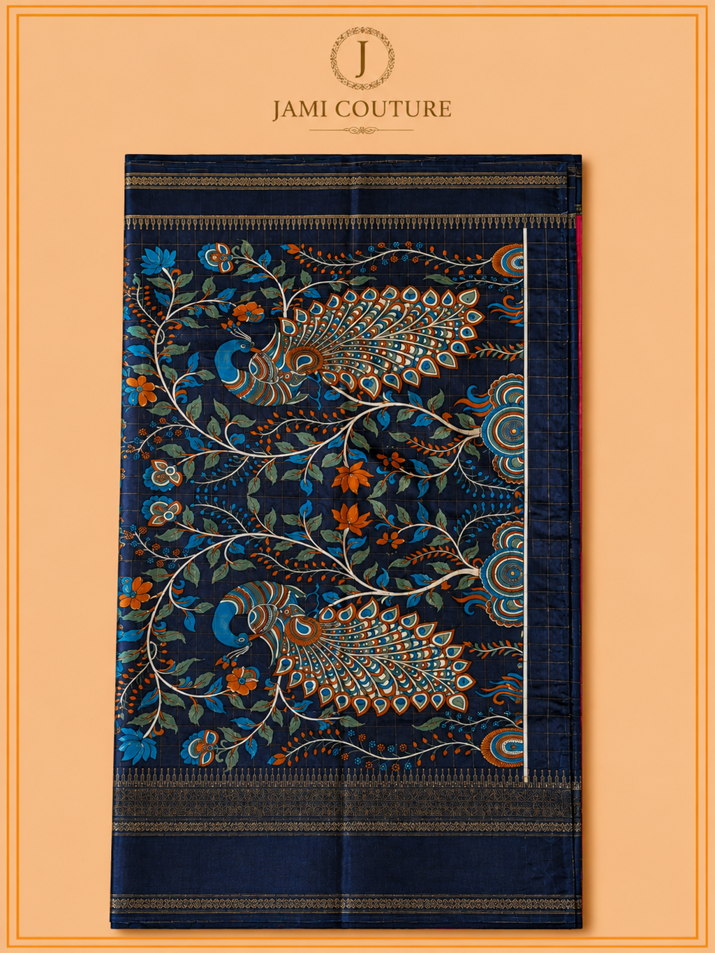 Pink & Navy Handloom Saree with Kalamkari Print Pallu | Navy Floral Blouse