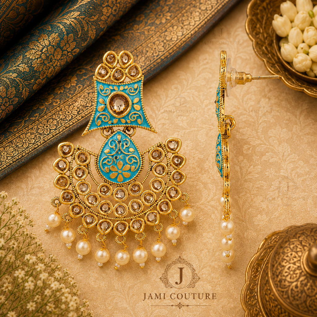 Turquoise Kundan Chandbali Earrings with Pearl Drops
