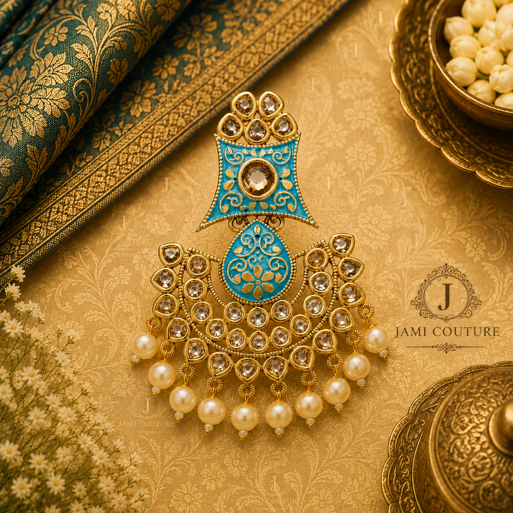 Turquoise Kundan Chandbali Earrings with Pearl Drops