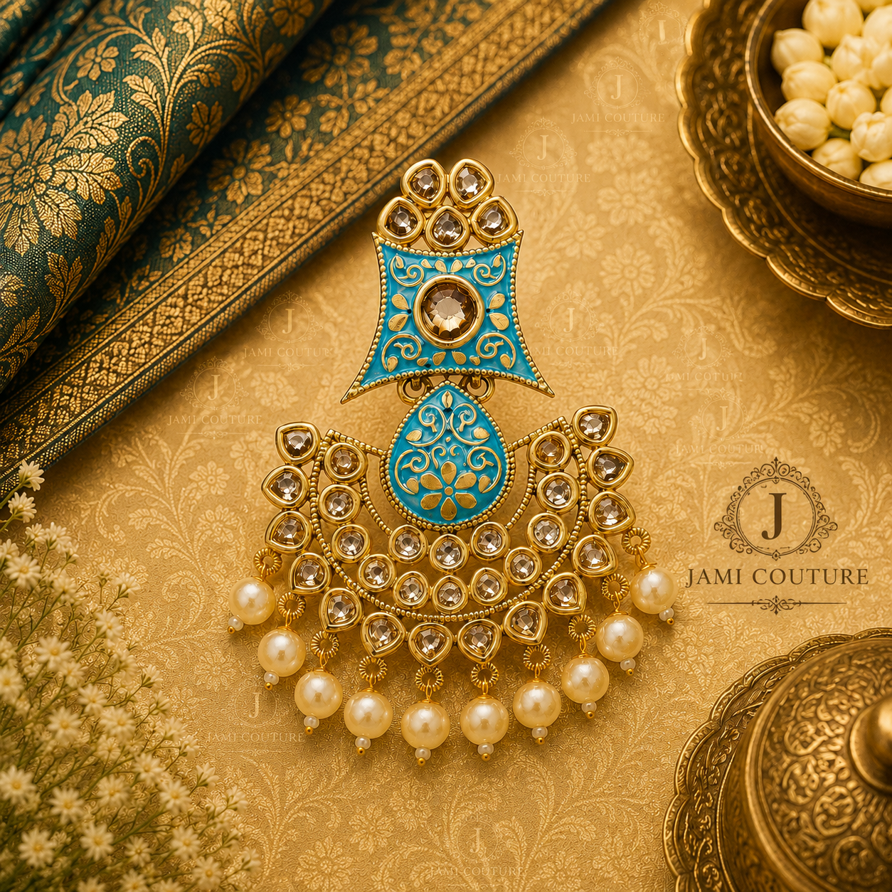 Turquoise Kundan Chandbali Earrings with Pearl Drops