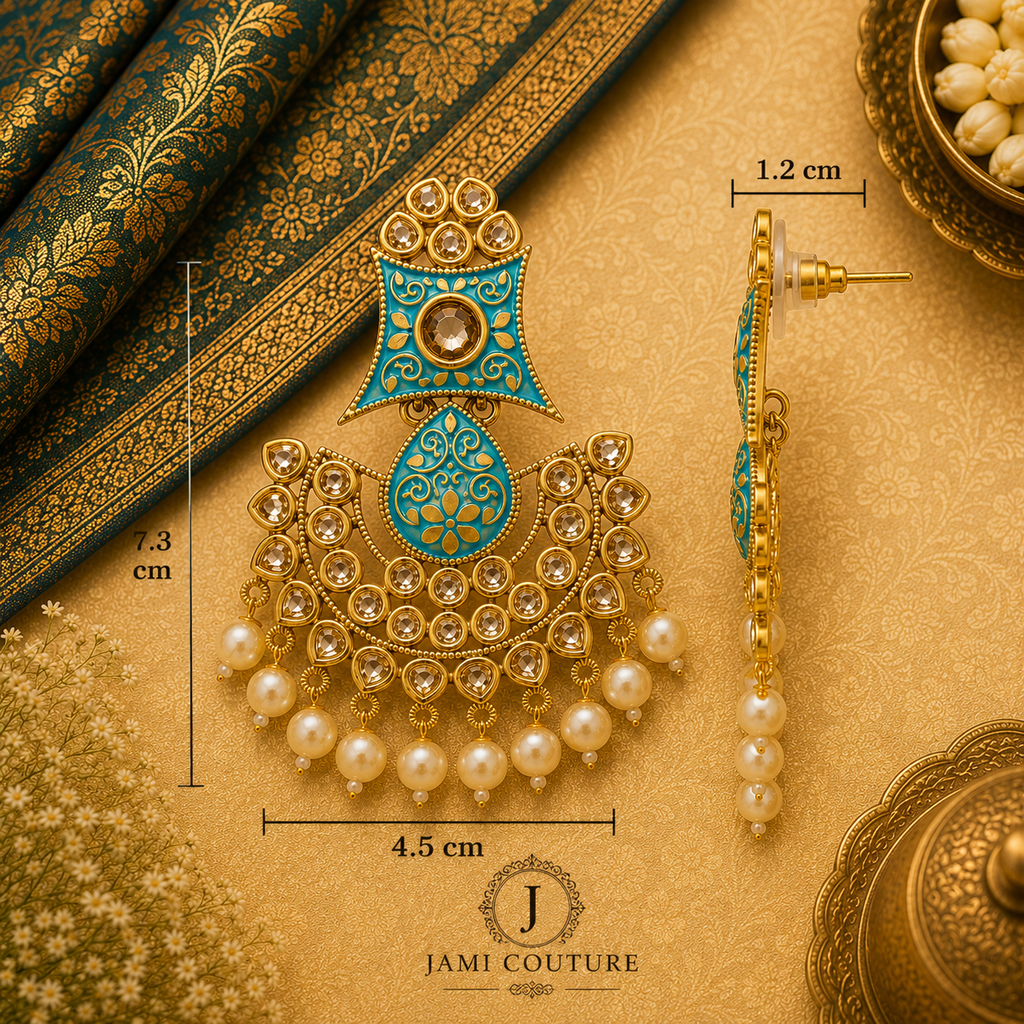 Turquoise Kundan Chandbali Earrings with Pearl Drops