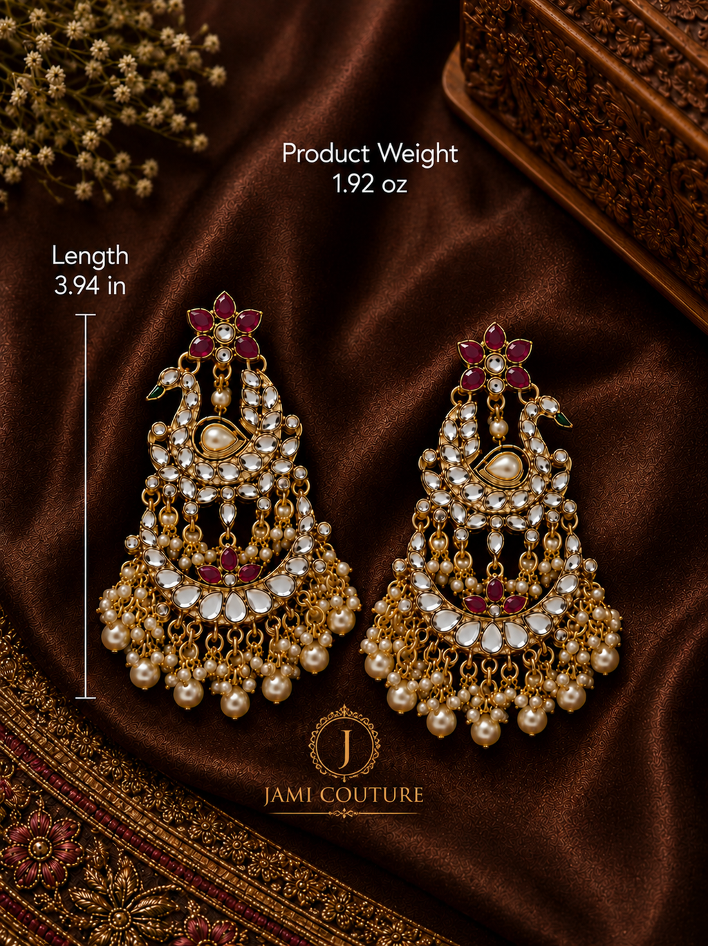 Peacock Kundan Chandbali Earrings with Pearl Drops