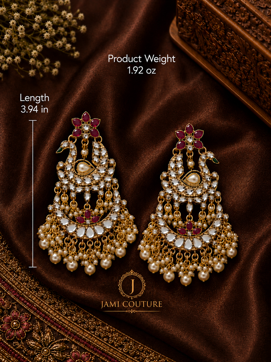 Peacock Kundan Chandbali Earrings with Pearl Drops