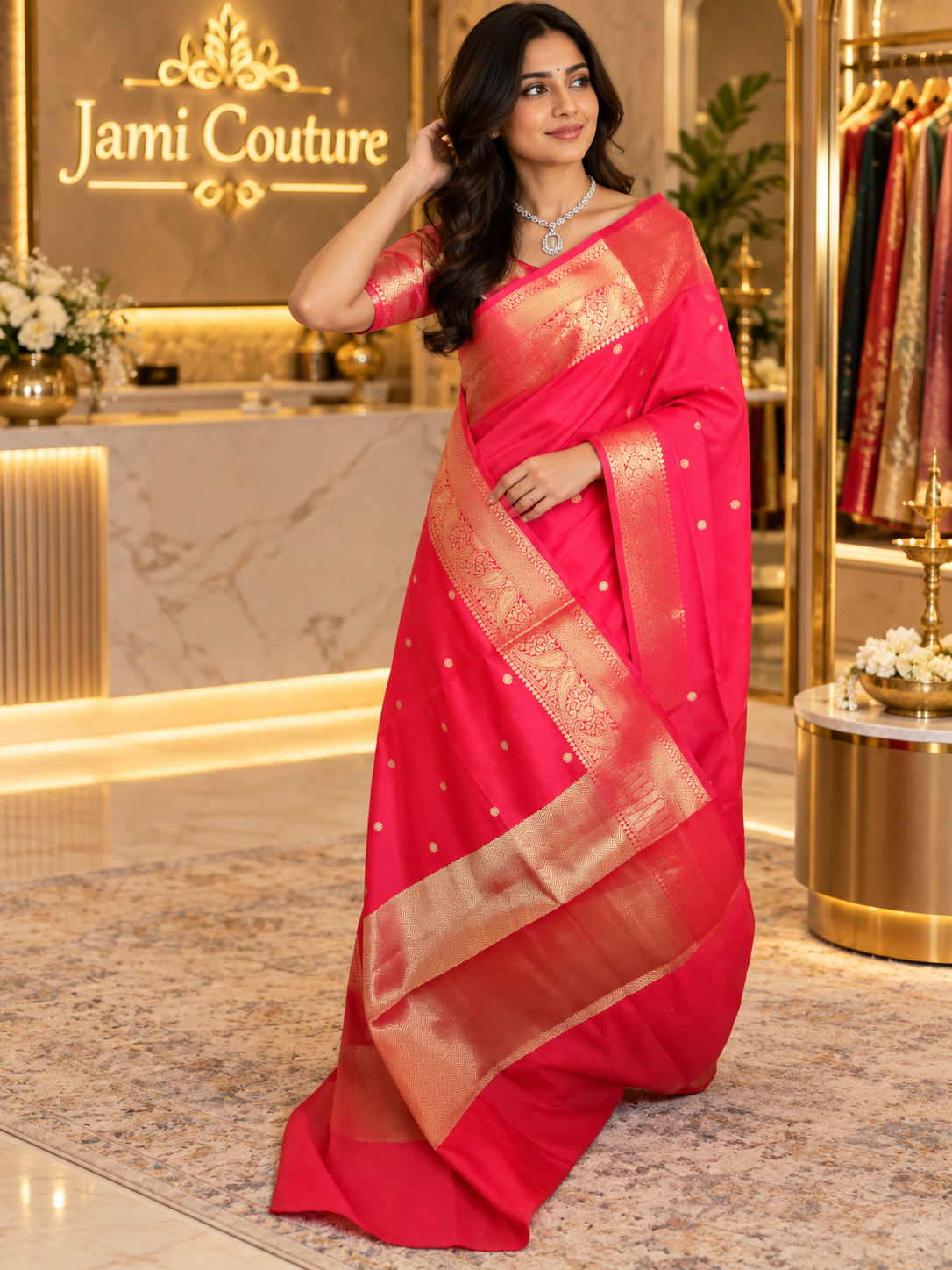 Vivid Red Kanchi-Style Warm Silk Saree