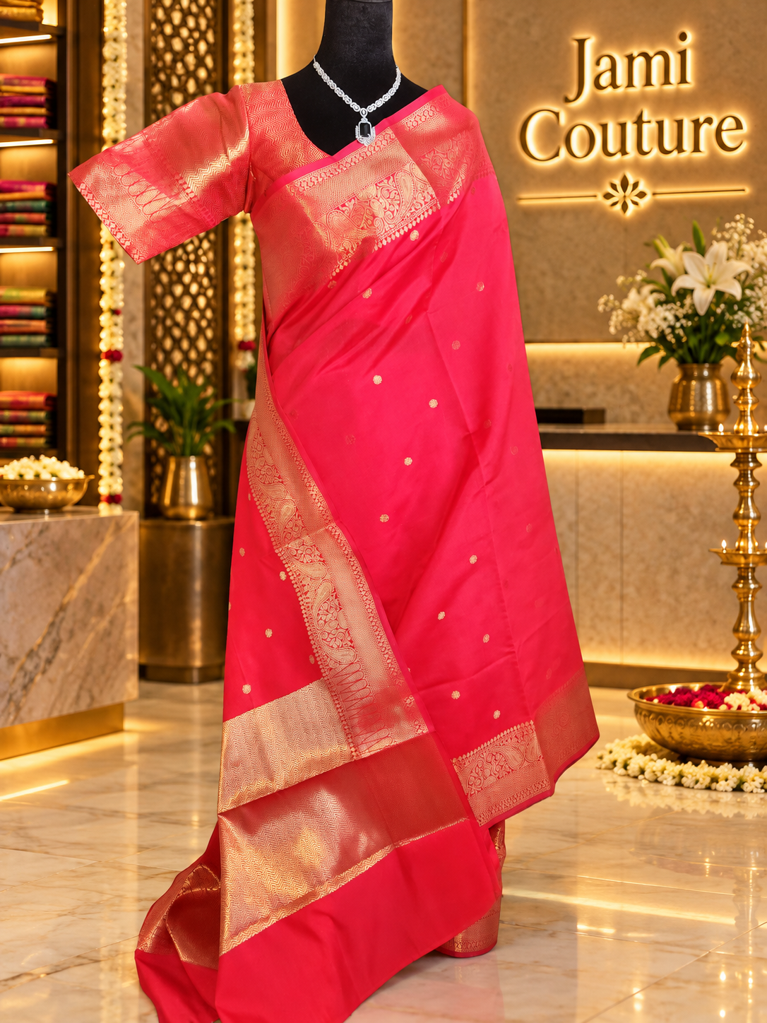 Vivid Red Kanchi-Style Warm Silk Saree