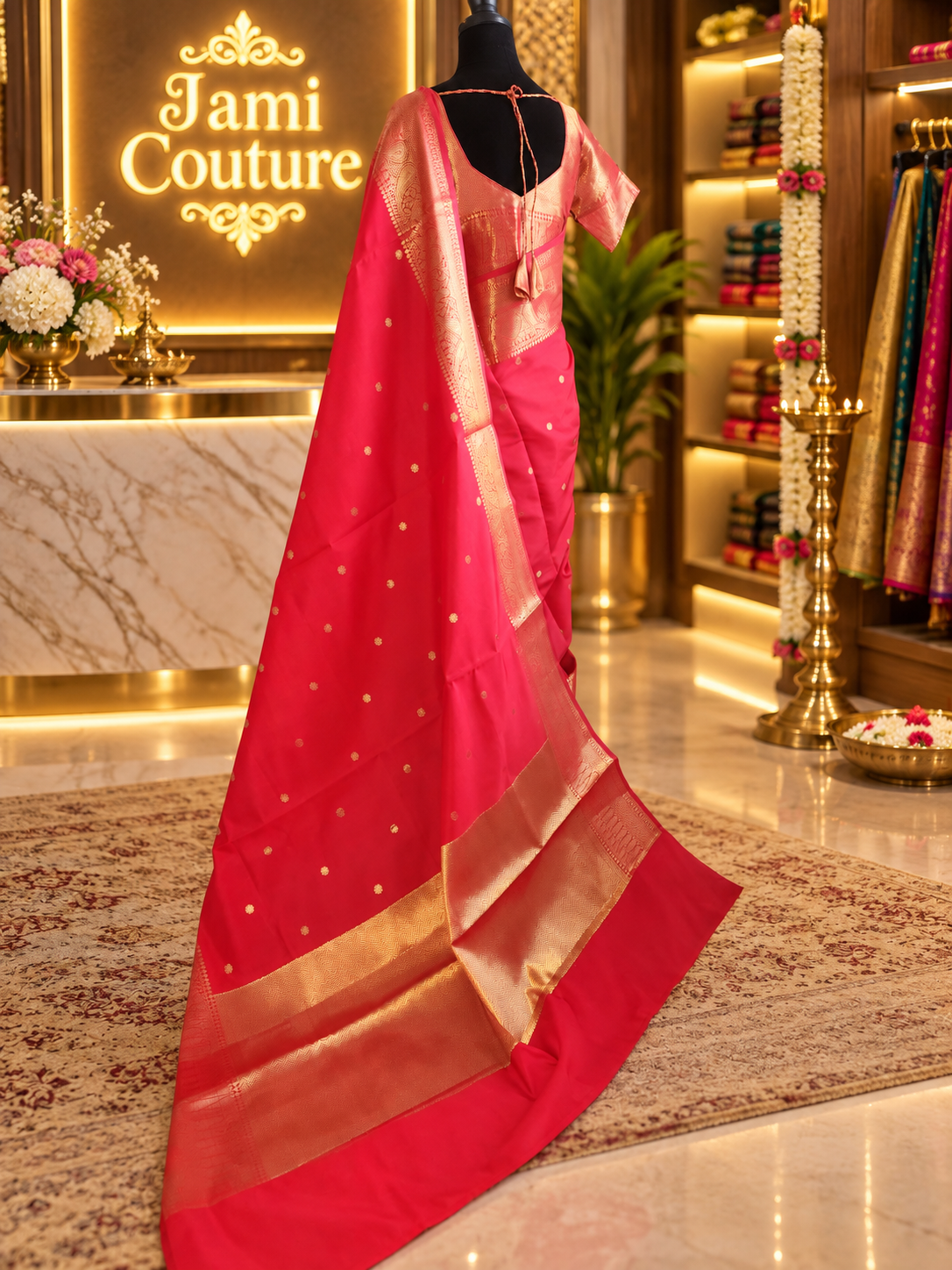 Vivid Red Kanchi-Style Warm Silk Saree