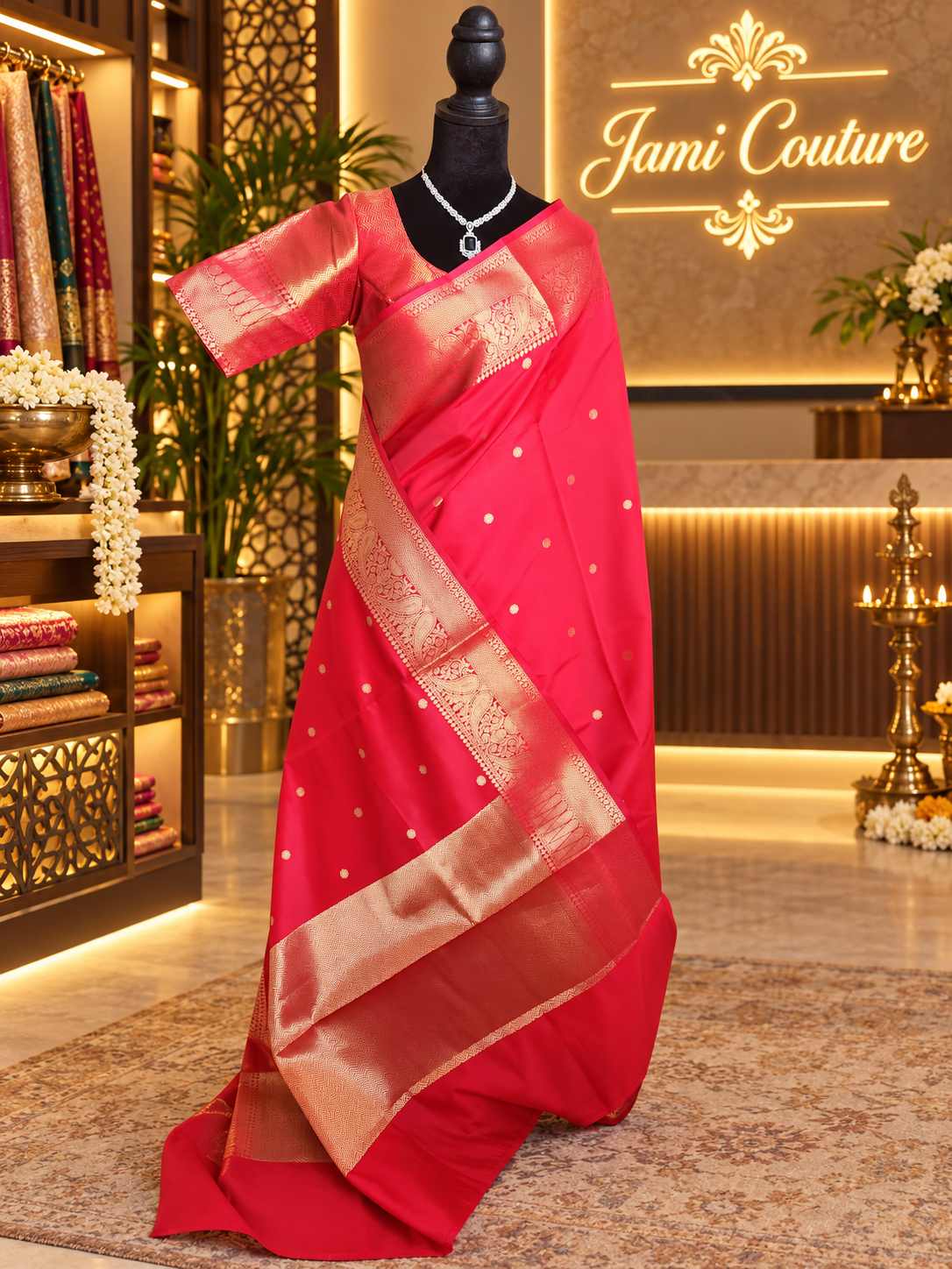 Vivid Red Kanchi-Style Warm Silk Saree