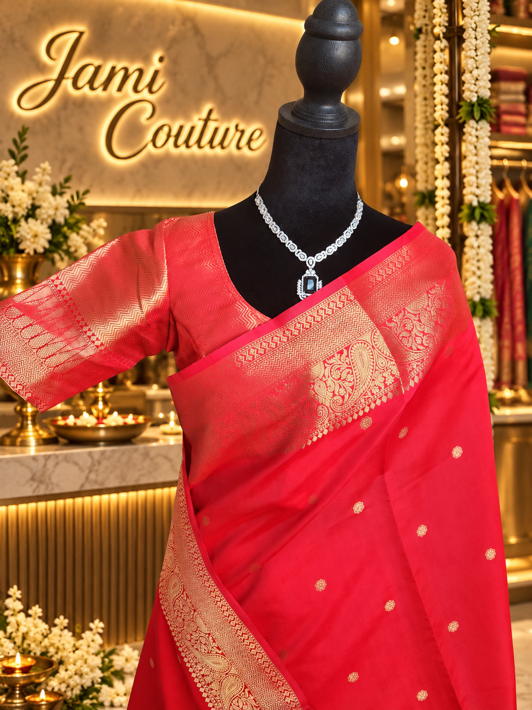 Vivid Red Kanchi-Style Warm Silk Saree