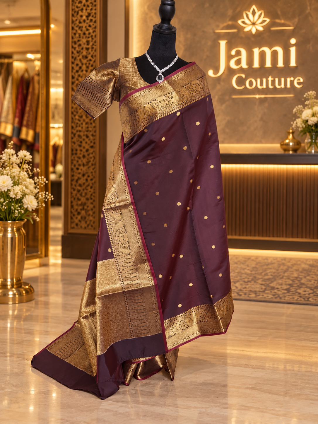 Deep Coffee Brown Kanchi-Style Warm Silk Saree