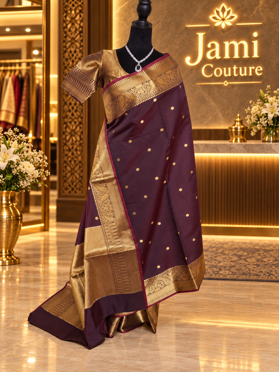 Deep Coffee Brown Kanchi-Style Warm Silk Saree