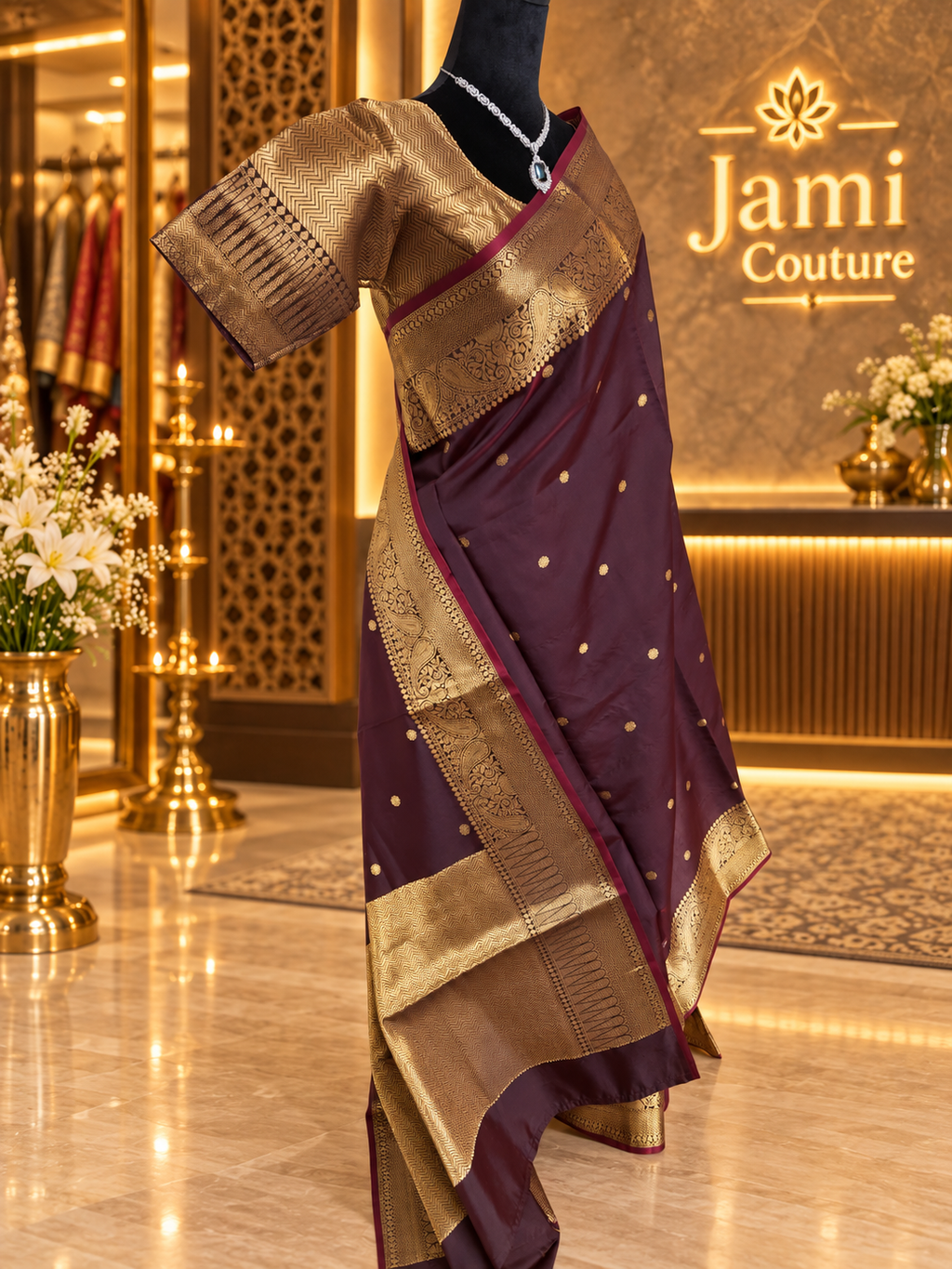 Deep Coffee Brown Kanchi-Style Warm Silk Saree