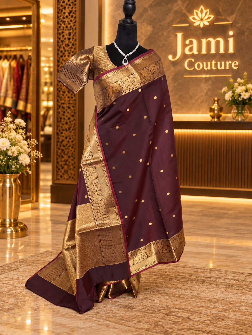 Deep Coffee Brown Kanchi-Style Warm Silk Saree