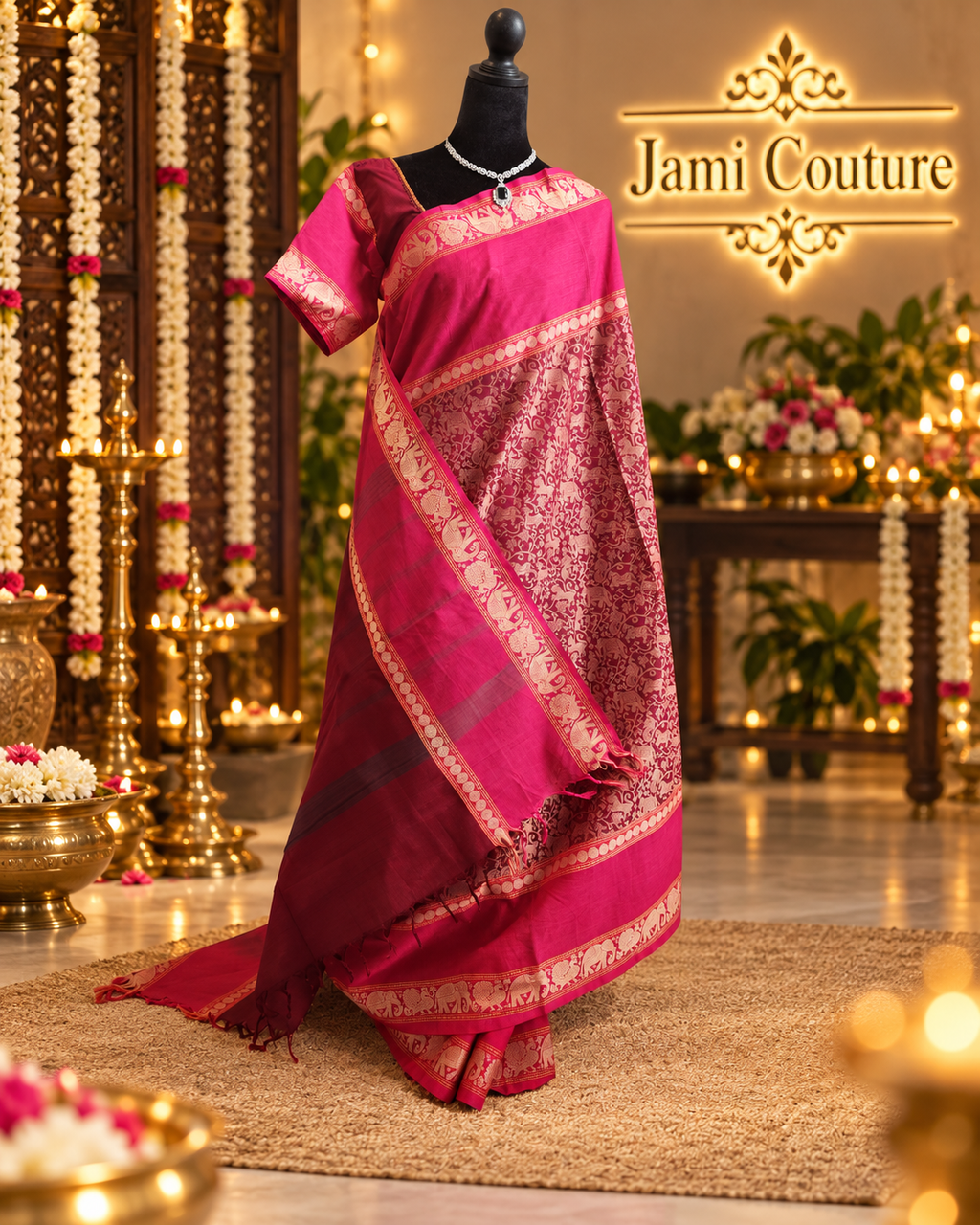 Vana Soundaryam Wine Handloom Silk Cotton Saree, Pink Blouse