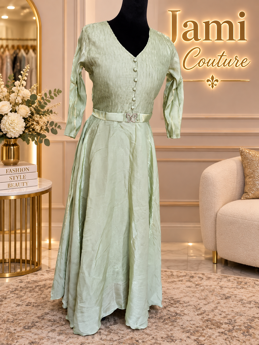 Mint Green Tissue Silk V-Neck Gown with Belt