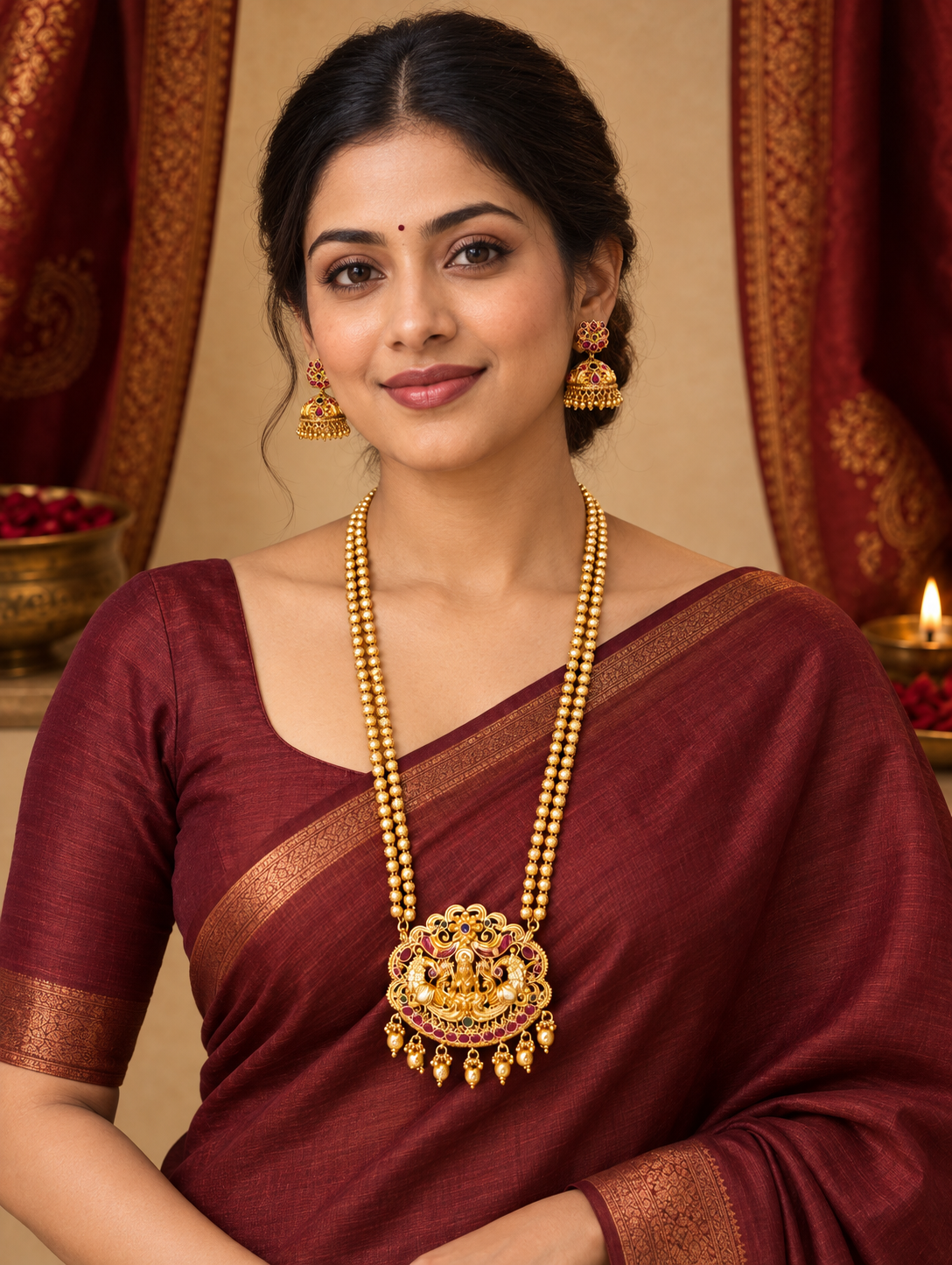 High Gold Lakshmi Pendant Long Haram Set