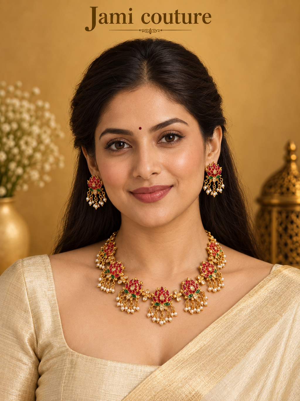 Ruby & Emerald Lotus Jadau Necklace Set