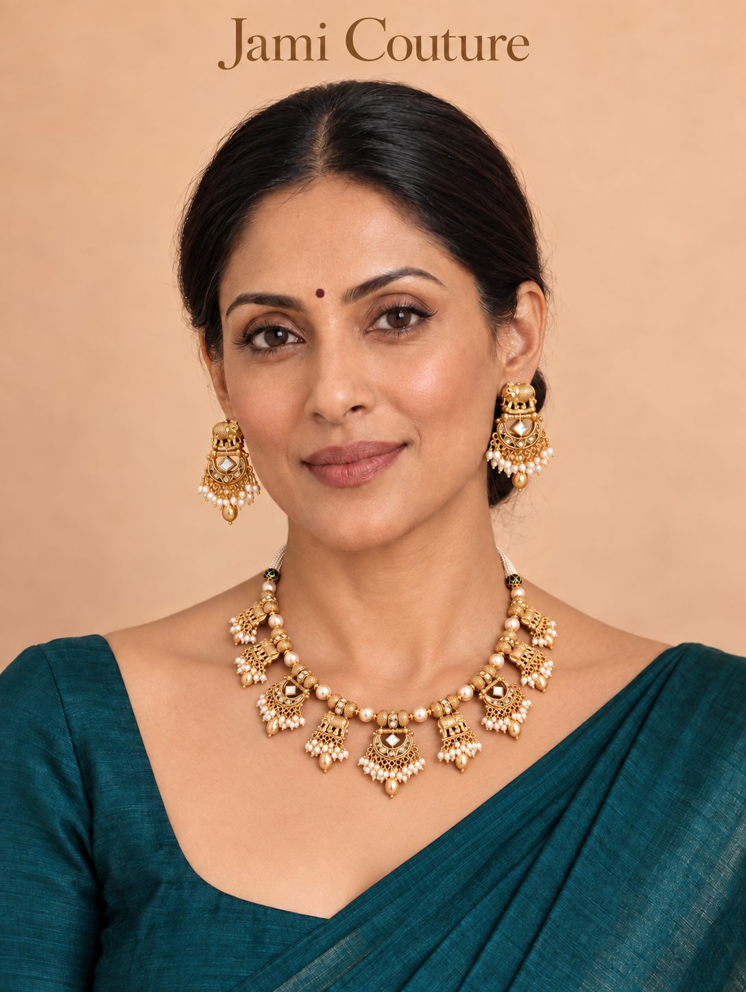 Antique Elephant Temple Necklace Set, Kundan & Pearl
