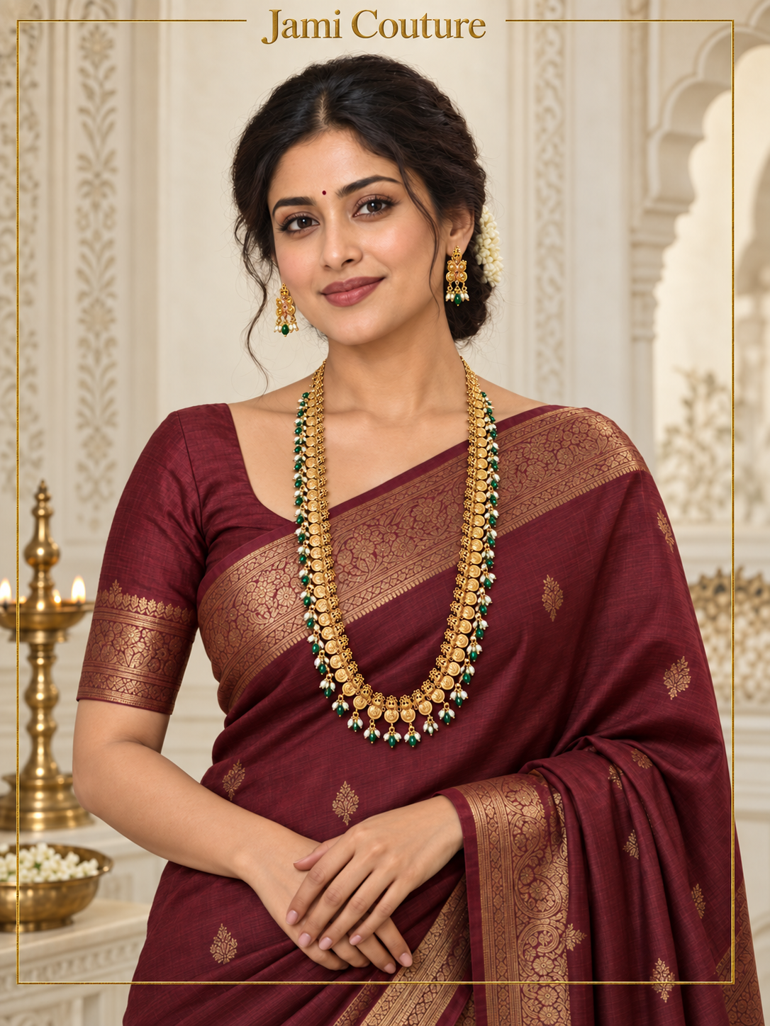 Lakshmi Kasu Long Haram Set, Emerald & Pearl Drops