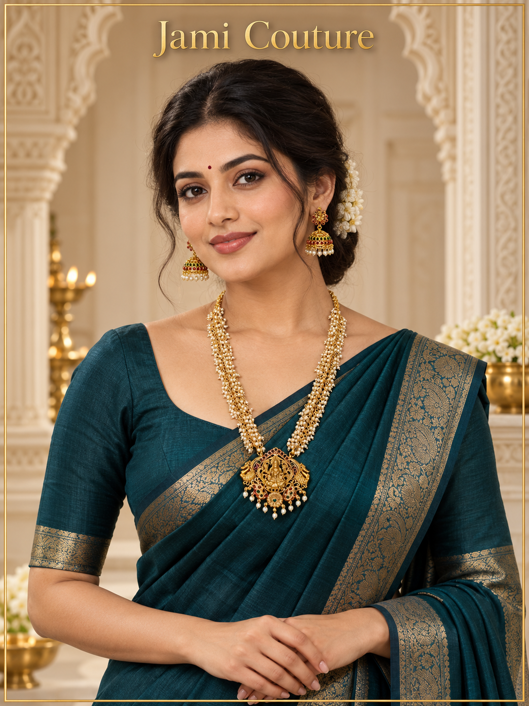 Lakshmi Pearl Cluster Long Haram Set with Jhumkas