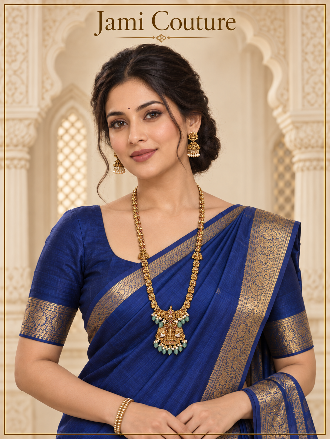 Lakshmi Temple Long Haram Set with Emerald Drops