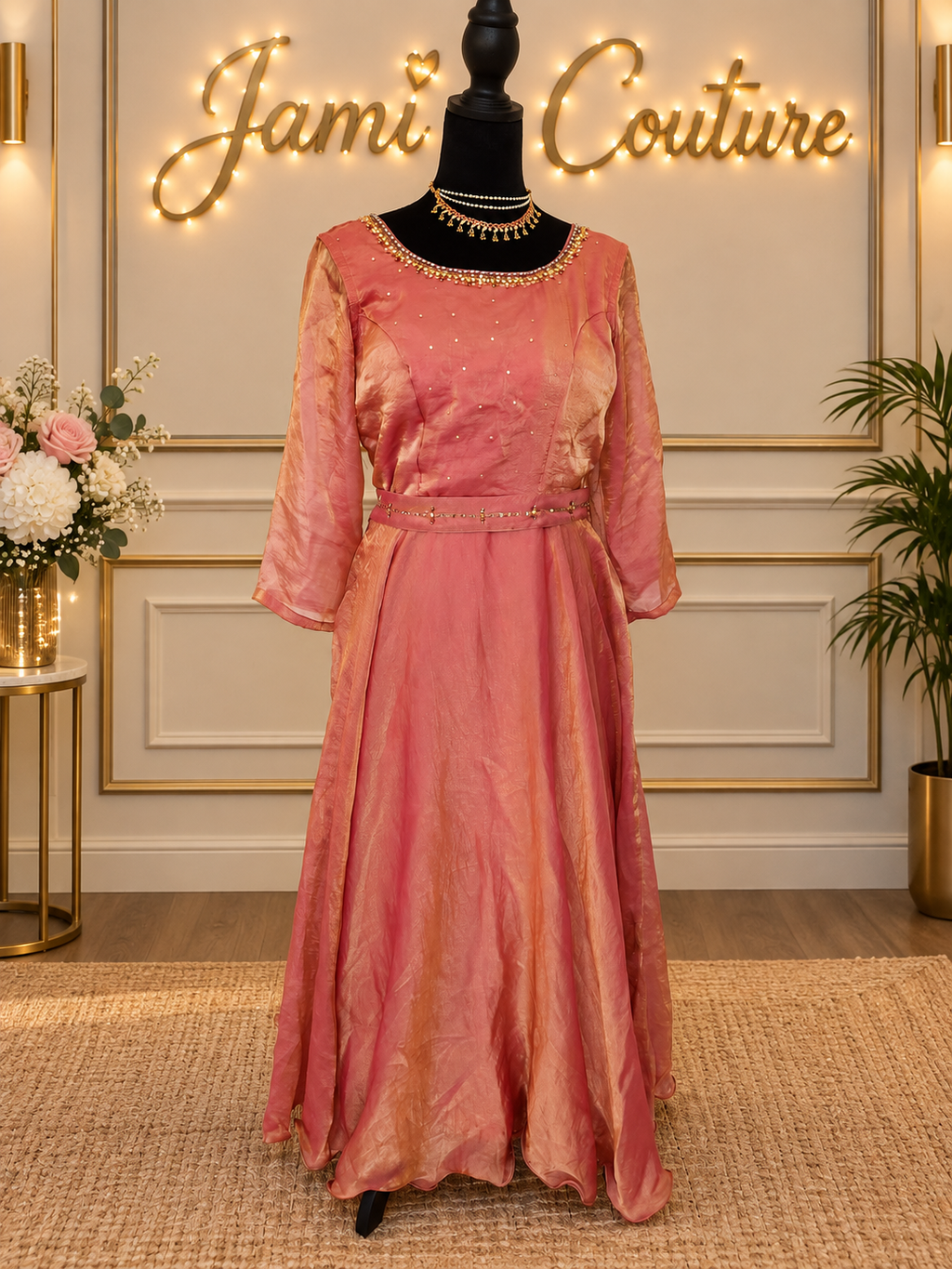 Rose Pink & Gold premium space Silk Anarkali Gown