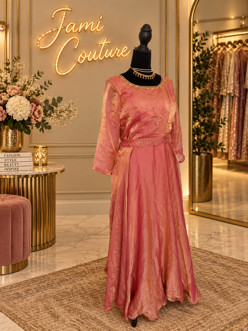 Rose Pink & Gold premium space Silk Anarkali Gown